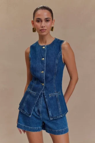 Abel Denim Button Up Top – Dark Blue