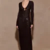 Acadia Diamante Long Sleeve Maxi Dress – Black