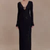 Acadia Diamante Long Sleeve Maxi Dress – Black
