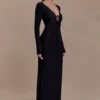 Acadia Diamante Long Sleeve Maxi Dress – Black