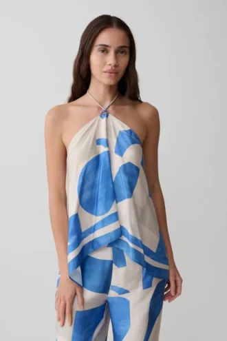 Adelaide Draped Satin Halter Top – Blue Geo Tile Print