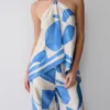 Adelaide Draped Satin Halter Top – Blue Geo Tile Print