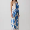 Adelaide Draped Satin Halter Top – Blue Geo Tile Print