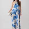 Adelaide Draped Satin Halter Top – Blue Geo Tile Print