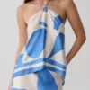 Adelaide Draped Satin Halter Top – Blue Geo Tile Print