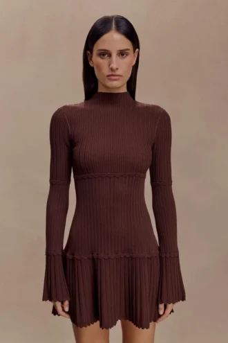 Adena Pointelle Knit Mini Dress – Chocolate