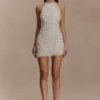 Adora Pearl Halter Mini Dress – White