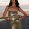 Adoria Sequin Cut Out Maxi Dress – Gold