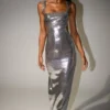 Adoria Sequin Cut Out Maxi Dress – Silver