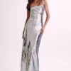 Adoria Sequin Cut Out Maxi Dress – Silver