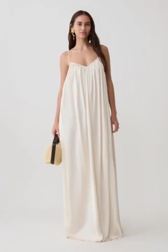 Adriana Satin Gathered Maxi Dress – Buttercream