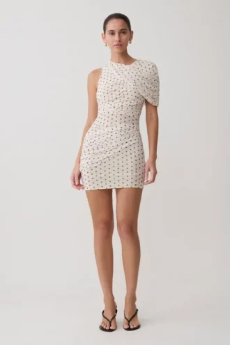 Adrienne One Shoulder Mesh Mini Dress – Polka Dot