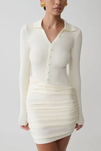 Agness Long Sleeve Button Up Knit Dress – Ivory