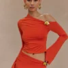 Ainsley Asymmetrical Long Sleeve Top With Floral Hardware – Burnt Orange