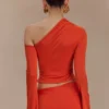 Ainsley Asymmetrical Long Sleeve Top With Floral Hardware – Burnt Orange