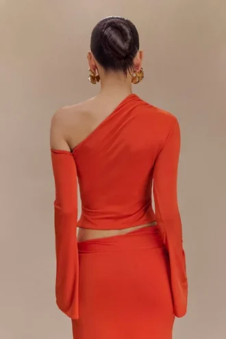 Ainsley Asymmetrical Long Sleeve Top With Floral Hardware – Burnt Orange