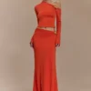Ainsley Asymmetrical Long Sleeve Top With Floral Hardware – Burnt Orange