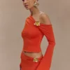Ainsley Asymmetrical Long Sleeve Top With Floral Hardware – Burnt Orange