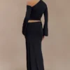 Ainsley Asymmetrical Maxi Skirt With Floral Hardware – Black