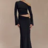 Ainsley Asymmetrical Maxi Skirt With Floral Hardware – Black