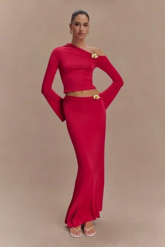 Ainsley Asymmetrical Maxi Skirt With Floral Hardware – Fuchsia Pink