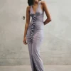 Alessandra Slinky Ruffle Maxi Dress – Grey