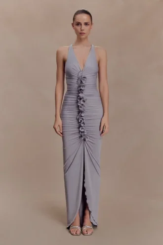 Alessandra Slinky Ruffle Maxi Dress – Grey