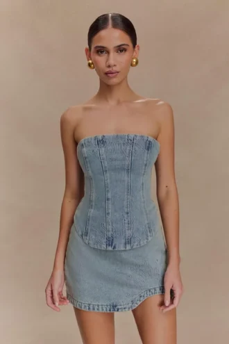 Alessia Embroidered Denim Corset – Light Vintage
