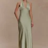 Alice Satin Halter Maxi Dress – Sage