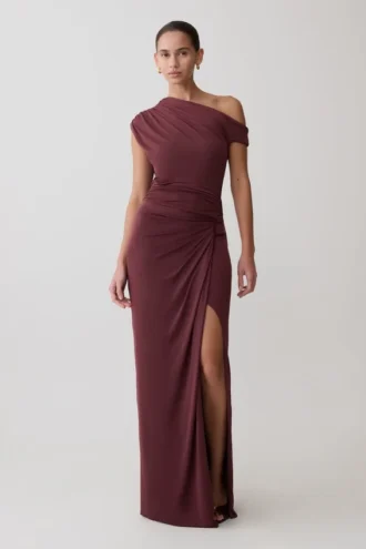 Alyn Off Shoulder Draped Maxi Dress – Dark Plum
