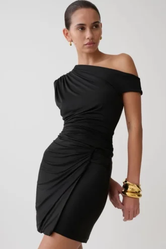 Alyn Off Shoulder Draped Mini Dress – Black