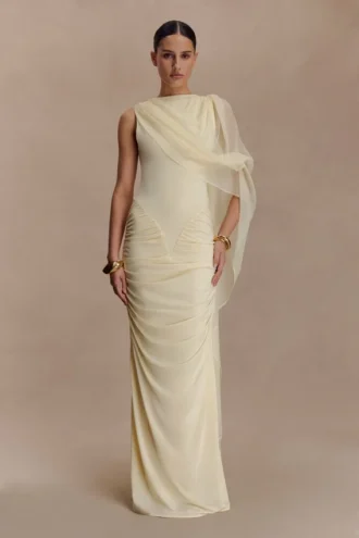 Amandine Ruched Slinky Maxi Dress – Lemon