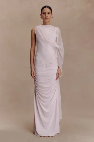 Amandine Ruched Slinky Maxi Dress – Pale Pink