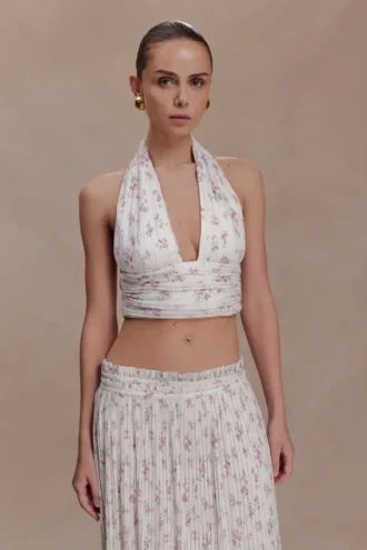 Amaris Sleeveless Plisse Halter Top – Floral Ditsy Print