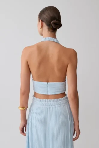 Amaris Sleeveless Plisse Halter Top – Pale Blue