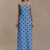 Amaya Strapless Chiffon Maxi Dress – Blue Polka Dot Amaya Strapless Chiffon Maxi Dress – Blue Polka Dot