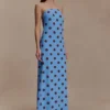 Amaya Strapless Chiffon Maxi Dress – Blue Polka Dot Amaya Strapless Chiffon Maxi Dress – Blue Polka Dot