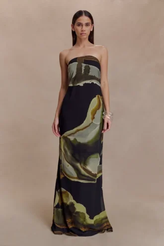 Amaya Strapless Chiffon Maxi Dress – Green Fluid Reverie Print