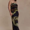Amaya Strapless Chiffon Maxi Dress – Green Fluid Reverie Print Amaya Strapless Chiffon Maxi Dress – Green Fluid Reverie Print