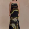 Amaya Strapless Chiffon Maxi Dress – Green Fluid Reverie Print Amaya Strapless Chiffon Maxi Dress – Green Fluid Reverie Print