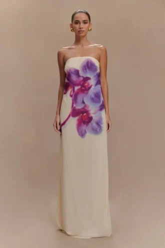 Amaya Strapless Chiffon Maxi Dress – Ivory Koi Orchid Print