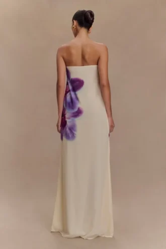 Amaya Strapless Chiffon Maxi Dress – Ivory Koi Orchid Print