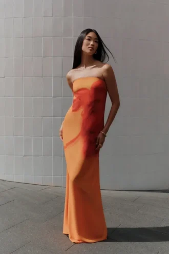 Amaya Strapless Chiffon Maxi Dress – Koi Orchid Print