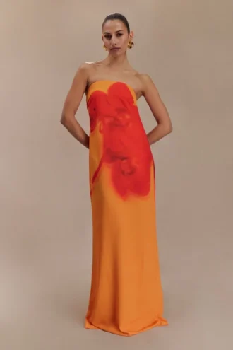 Amaya Strapless Chiffon Maxi Dress – Koi Orchid Print