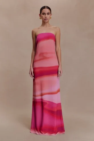 Amaya Strapless Chiffon Maxi Dress – Pink Sunset Print