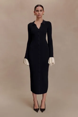 Amirose Ruffle Knit Midi Dress – Black