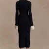Amirose Ruffle Knit Midi Dress – Black Amirose Ruffle Knit Midi Dress – Black