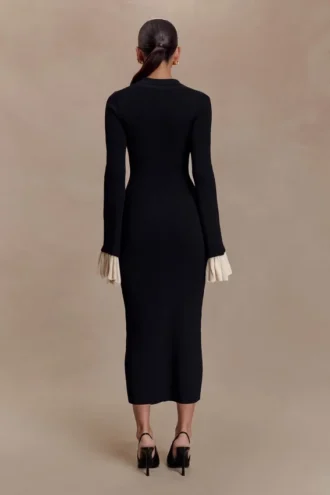 Amirose Ruffle Knit Midi Dress – Black