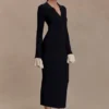 Amirose Ruffle Knit Midi Dress – Black Amirose Ruffle Knit Midi Dress – Black