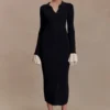 Amirose Ruffle Knit Midi Dress – Black Amirose Ruffle Knit Midi Dress – Black